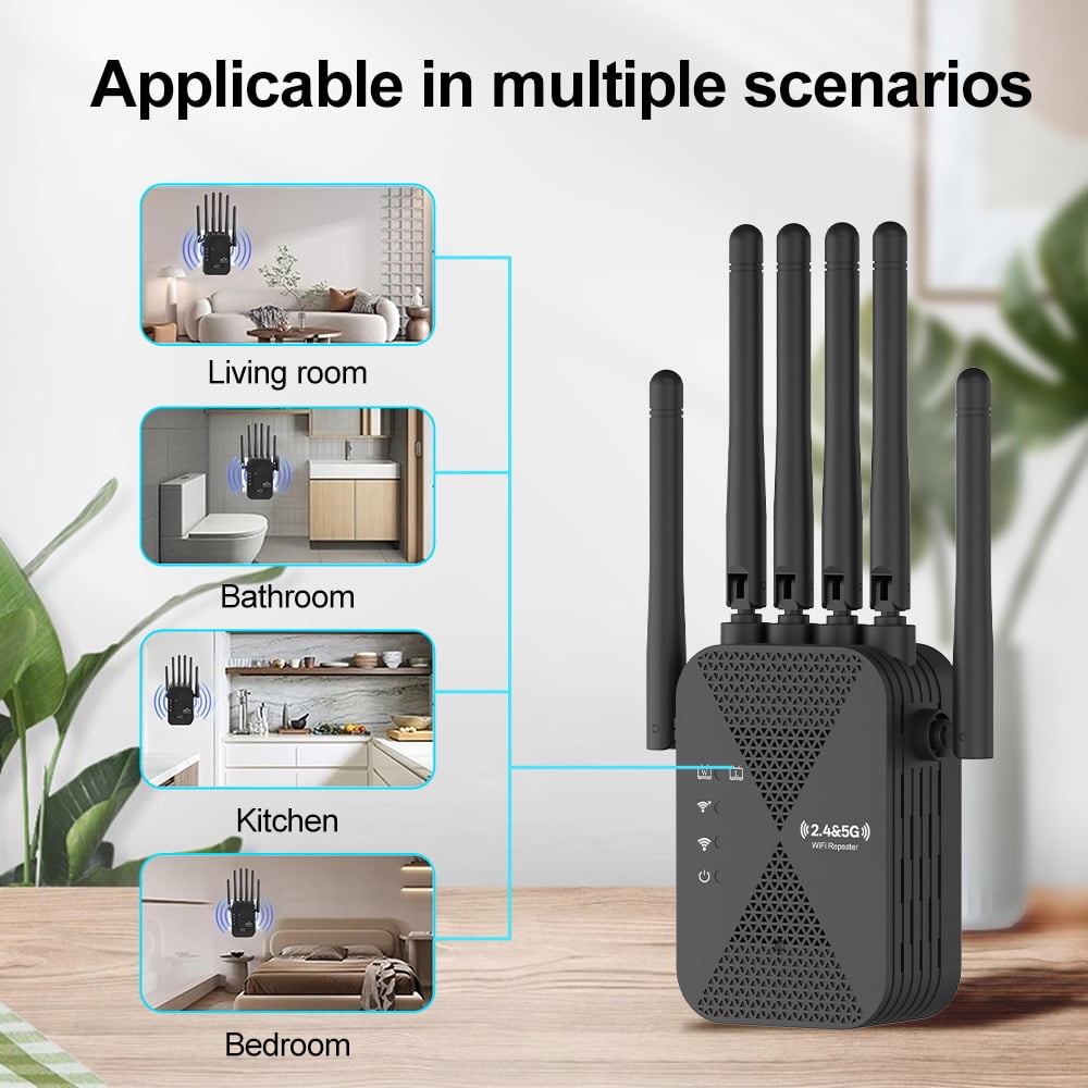 Ourlife 6 external antenna Network, 2026 WiFi Extender Wireless Dual-Band WiFi Repeater 1200Mbps, Signal Amplifier Extender Router Long Distance, Black.