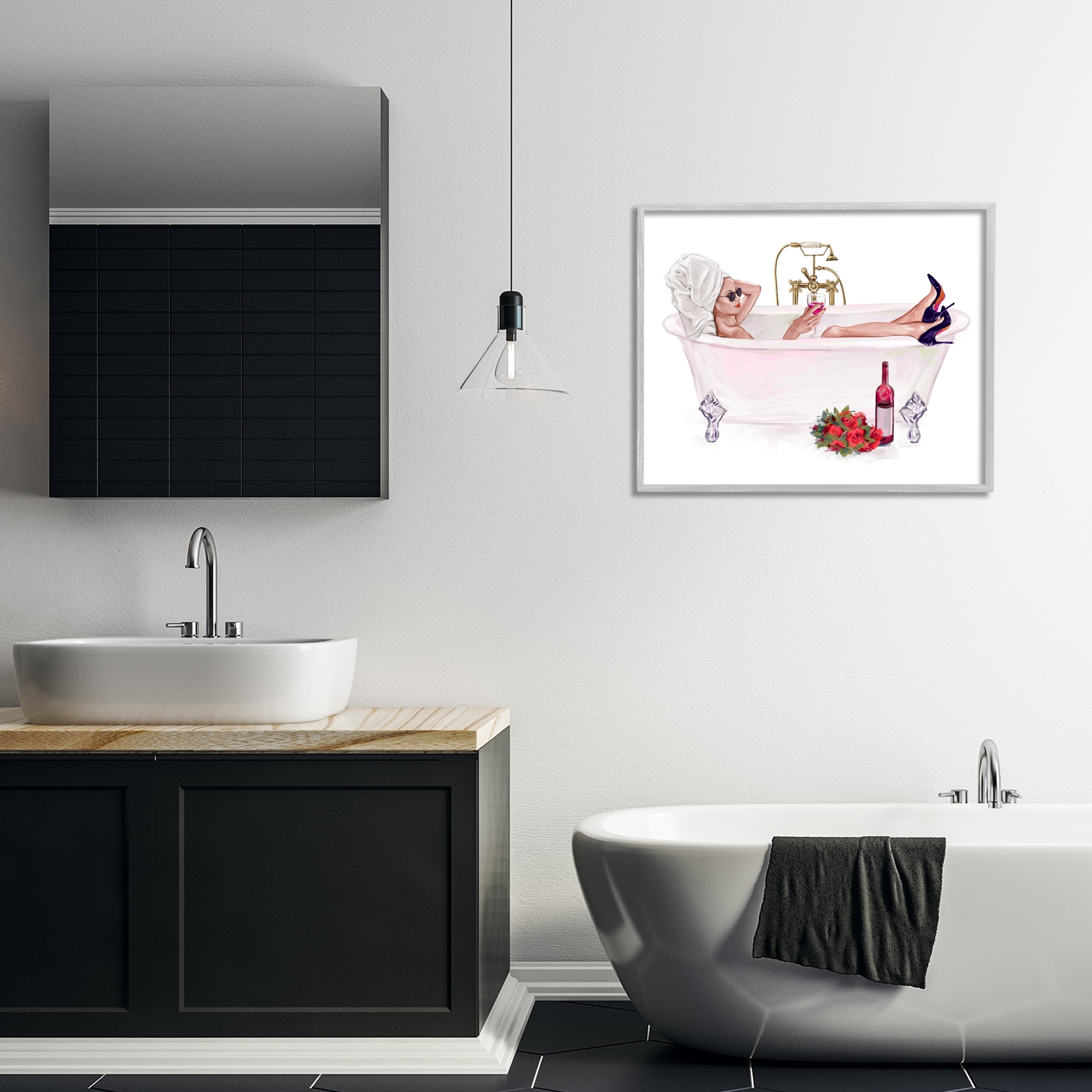 Woman with Wine Bath Gray Framed Giclee Art, design by Ziwei Li
