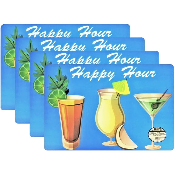 Set Of 4 Happy Hour Design Placemats 12""X18"" Sturdy Foam Backing Decoration Kitchen Table Place Mat