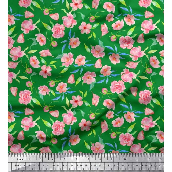 Soimoi Green Cotton Cambric Fabric Leaves,Insect & Floral Watercolor Printed Fabric 1 Yard 56 Inch Wide