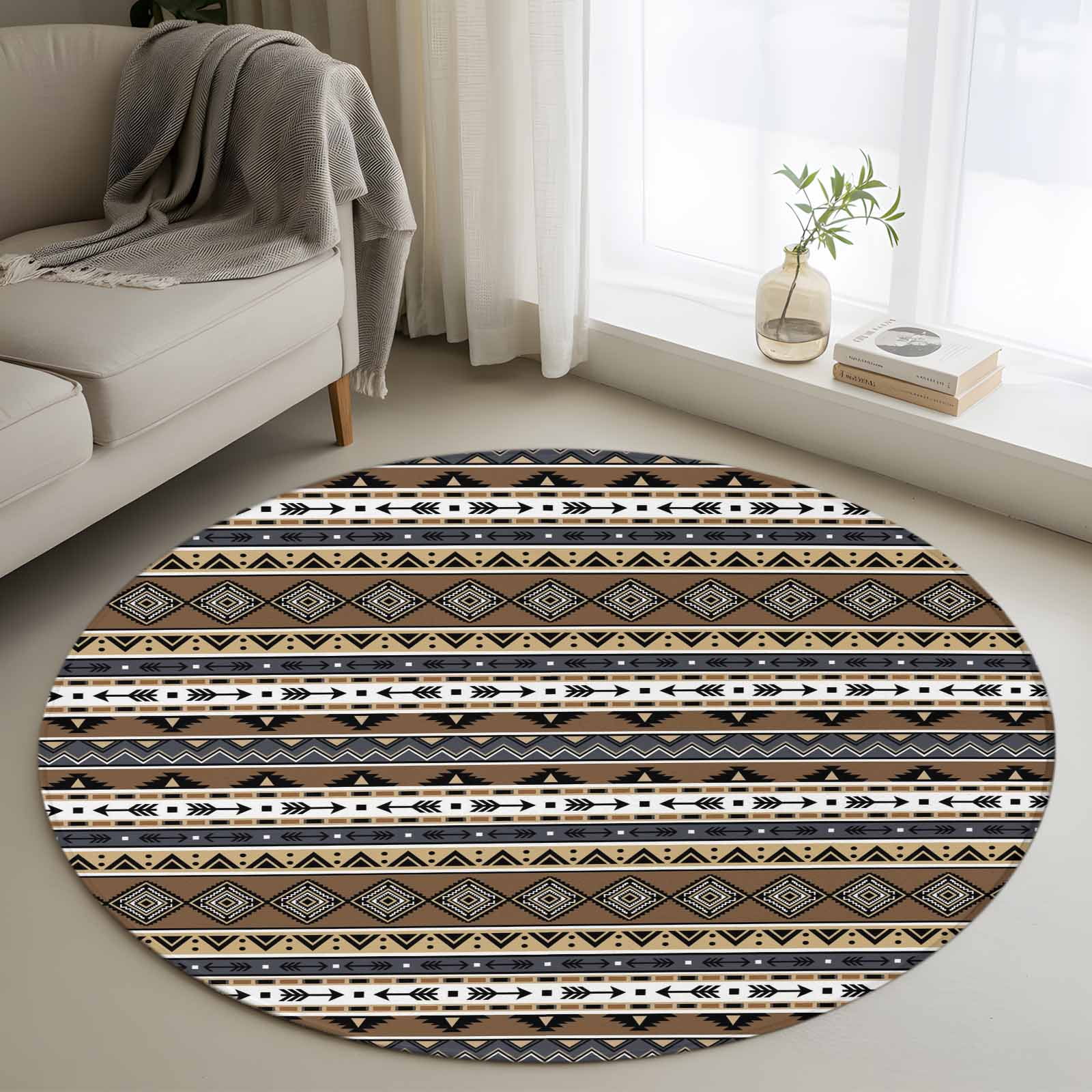 Round Area Rug 3ft Boho Tribal Stripes Non-Slip Non-Shedding Floor Mat Ethnic Borders Arrow Motifs Washable Sturdy Carpet for Living Room Bedroom Home Decor