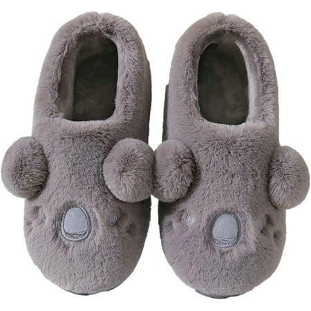 

DanceeMangoo Cute Koala Animal Fluffy House Slippers for Women Men Warm Soft Fashion Indoor Shoes Block Open Heel