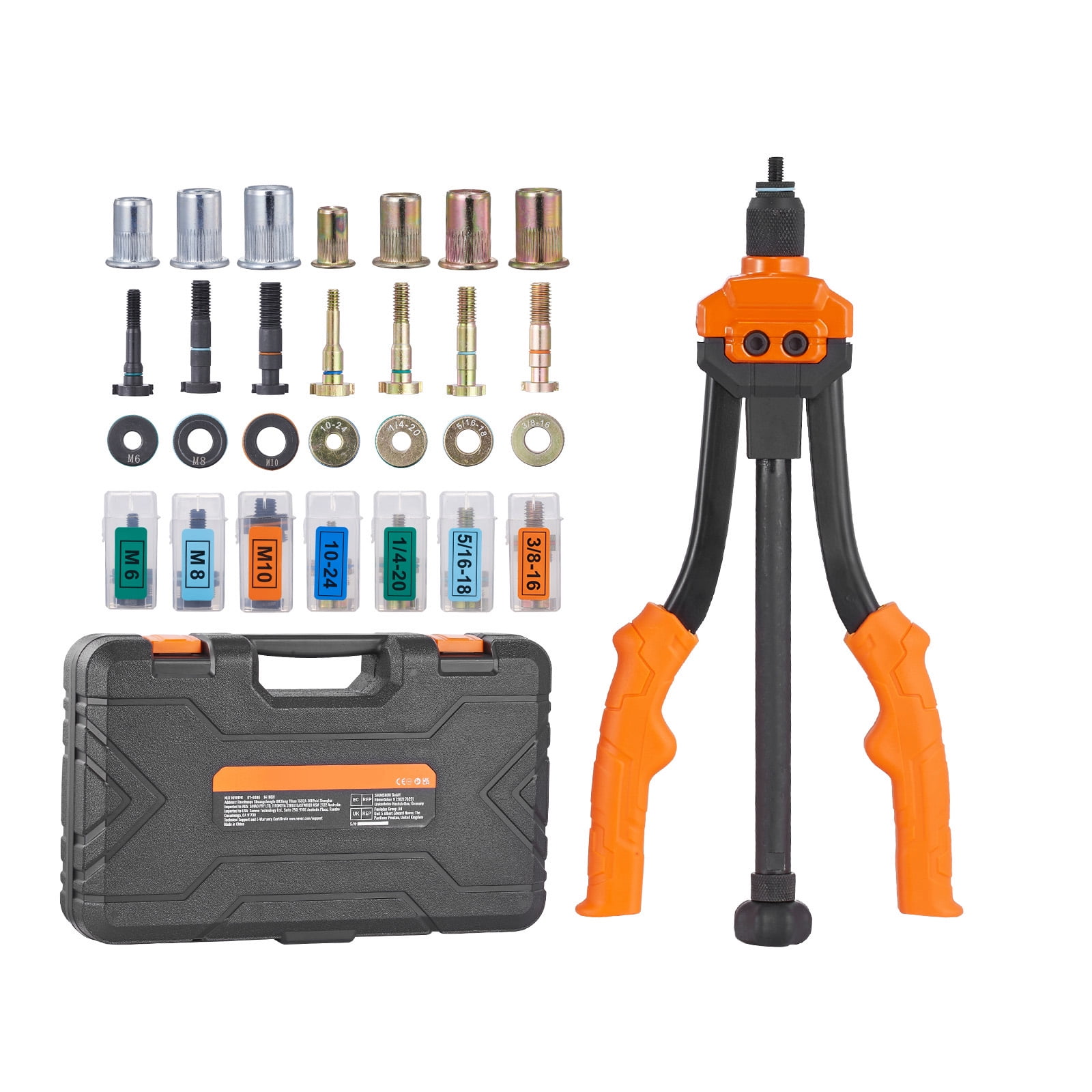 VEVOR Professional Rivet Nut Tool, 14” Rivnut Tool Kit with 7 PCS Metric and SAE Mandrels, 70 PCS Assorted Rivet Nuts, 10-24, 1/4-20, M6, 5/16-18, M8, 3/8-16, M10, With Rugged Carrying Case