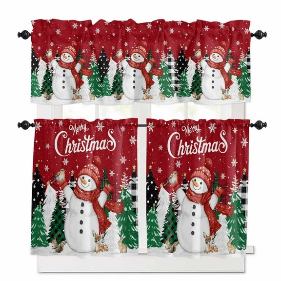 Christmas Snowman Kitchen Curtains and Valances Set, Xmas Tree Snowflake Red Rod Pocket Window Valance 18 Inch Window Curtain Panels for Living Room Bedroom Laundry, 27.5x36in, 3 Pieces