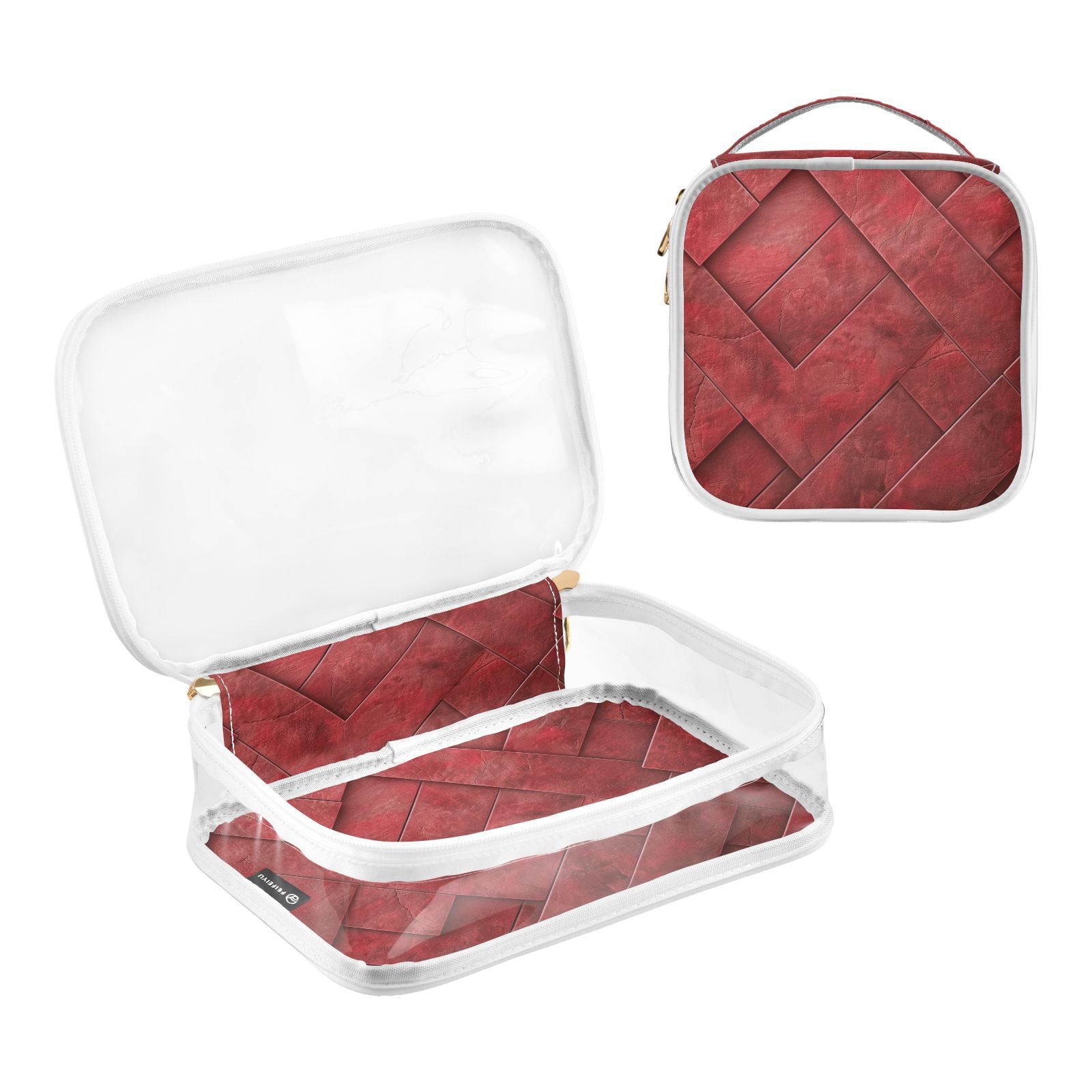 Clear Makeup Bags with Handle Large Opening 2 Pack Set Toiletry Bag Quart Size Bag, for Women Man Traveling Travel Essentials, Toiletries and Other. Red Leather Pattern Mix