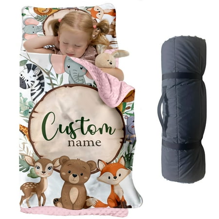 AOLOA Custom Woodland Animal Nap Mat for Toddlers Personalized Nature Sleeping Bag with Nap Blanket Forest and Safari Friends Roll Up Mat for Preschool or Daycare