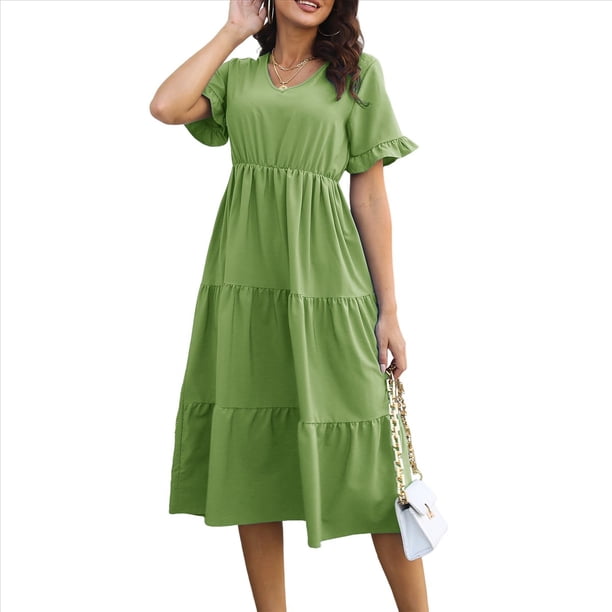 Vestido Informal de Mujer con Escote en V, Volantes y Corta, Corte A, Holgado, Midi Verde XL