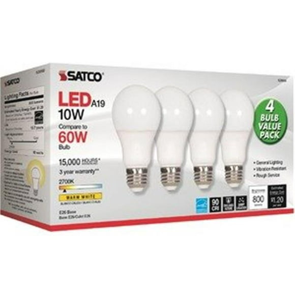 Satco SDNS28563 10 watts 5000K A19 LED 2700K Frosted Bulbs - Pack of 4