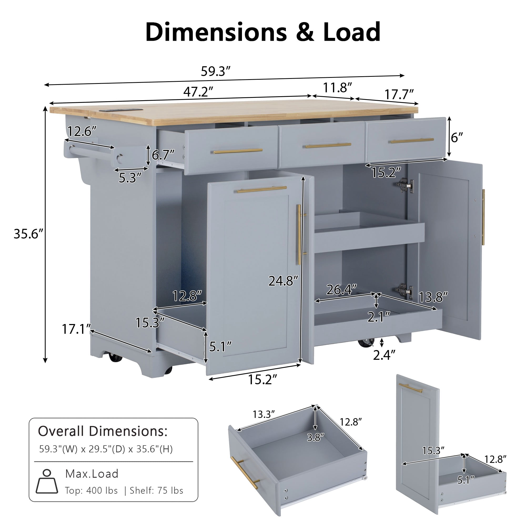 Aukfa 59" Kitchen Island with Power Outlet & Trash Cabinet, Rolling Kitchen Cart, Pull Out Organizers & Drop Leaf,Gray