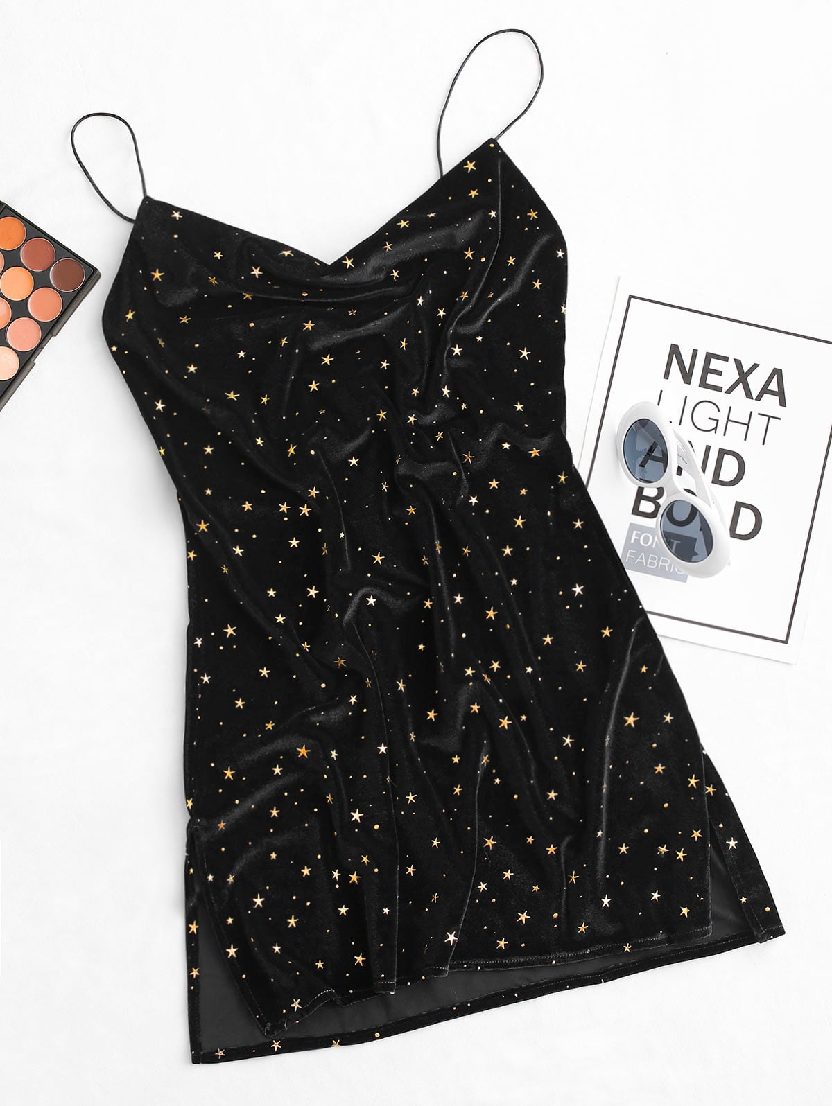 ZAFUL Prom Dress for Women's Trendy Side Slit Stars Velvet Cami Short Dress Black S