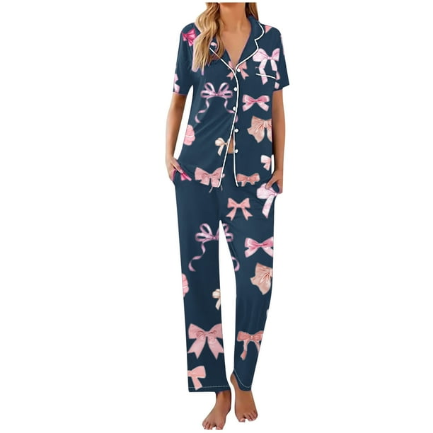 Sexy Pijama Conjunto para las Mujeres Impreso Bolsillo Pantalones de Manga Corta, Traje Suelto Casual para el Hogar Y el Salón