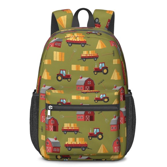 Tractor and Barns Green Pattern 17" School Backpacks for Teens,Waterproof Oxford Fabric,S-Shape Padded Straps for School,Travel,Hiking,Camping