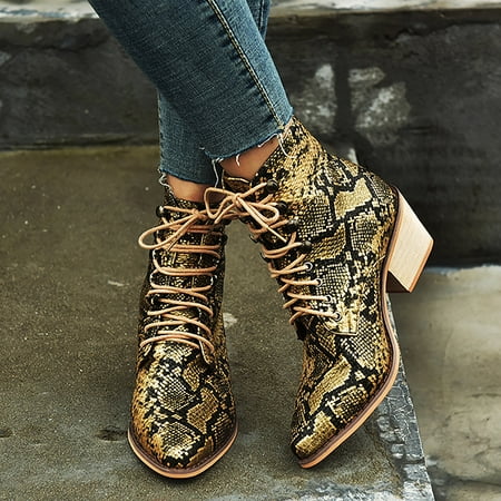 

Bescita Round Toe Chunky Heel Platform Front Lace Up Women s Mid Boots