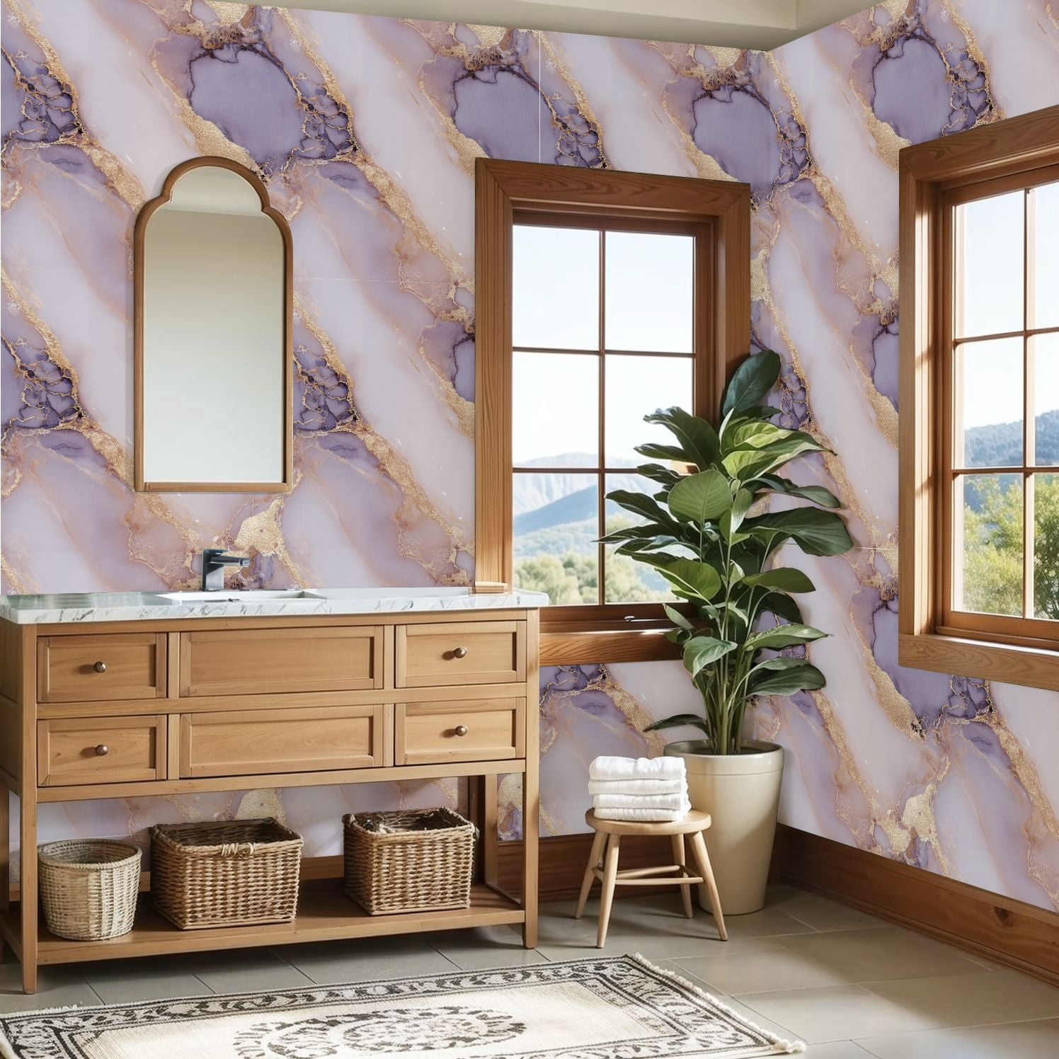 Peel and Stick Wallpaper Abstract Purple Gold Marble Fluid Swirls Wall Mural 23.6in x 9.8ft Self Adhesive Removable Wall Paper Renter Friendly Wallpaper for Nursery Bedroom Cabinets
