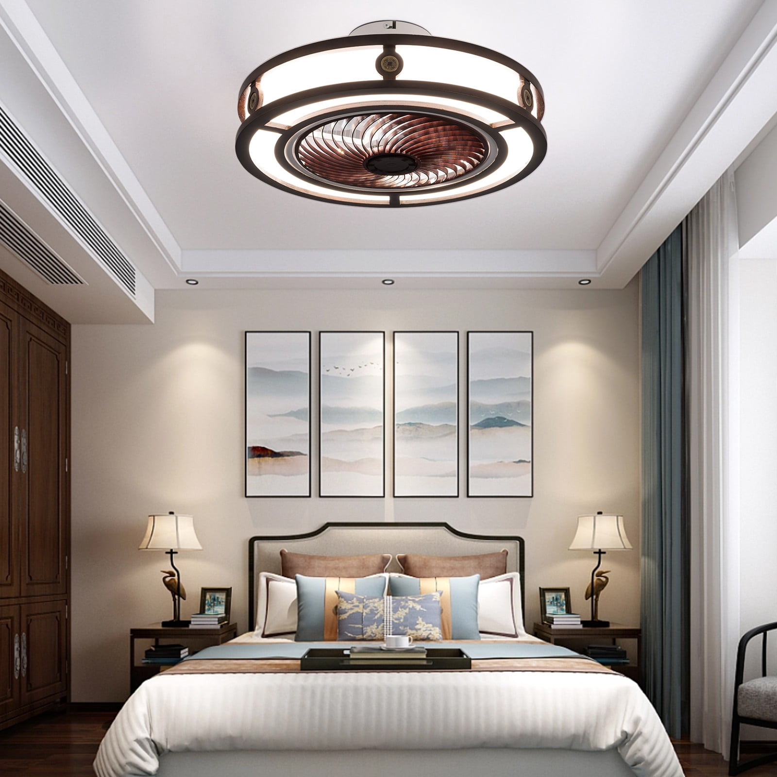 Caged Low Profile Ceiling Fans With Light, Flush Mount Farmhouse Fandelier With Remote Control, Dimmable/Wind Speed/Timer/with bulb, Small Enclosed Bedroom Kitchen Ceiling Fan