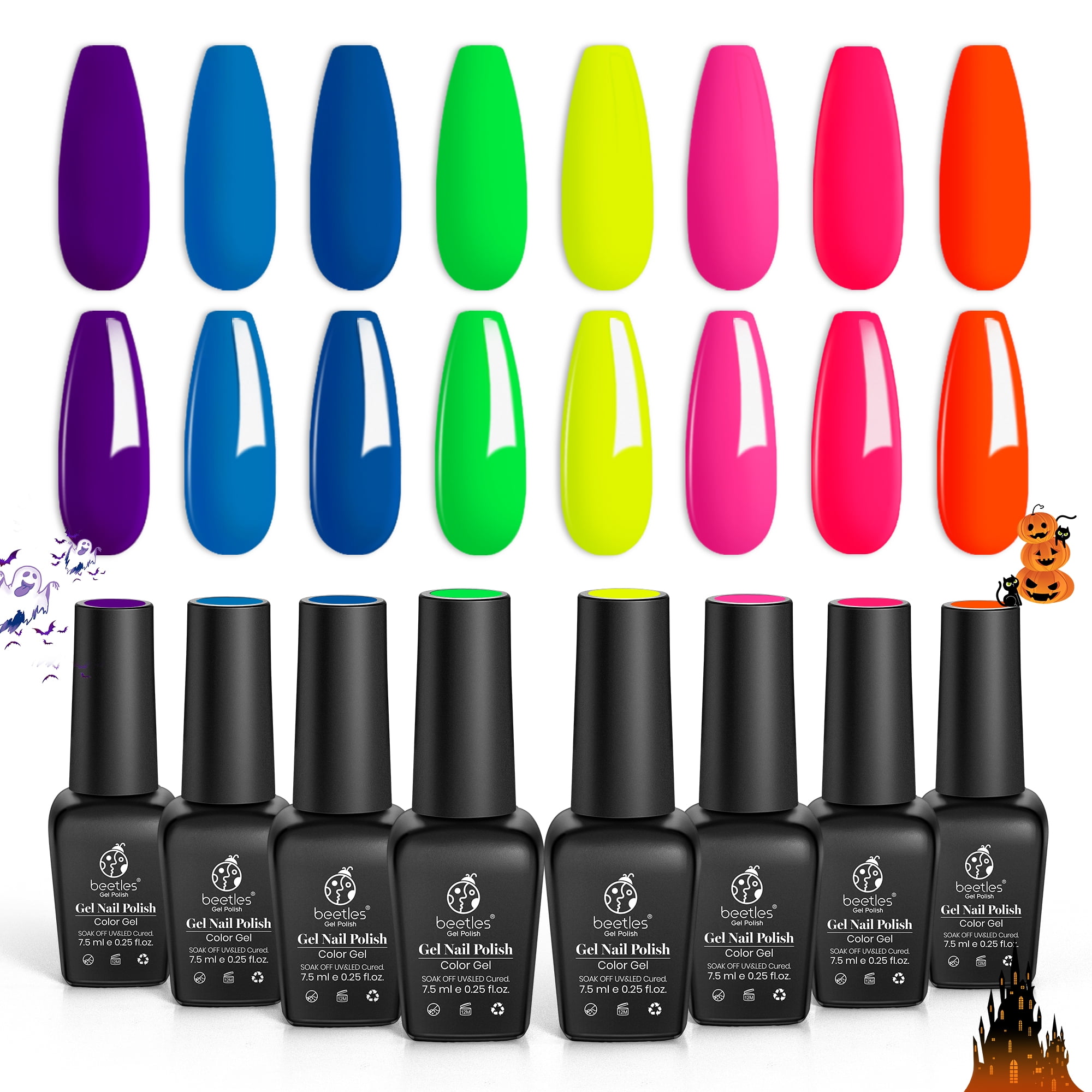 Beetles Gel Polish Set- 8 Colors Neon Purple Blue Green Yellow Pink Orange Fluorescent Fall, Soak off UV Gel Nail Polish Set Salon DIY Gel Nail Kit