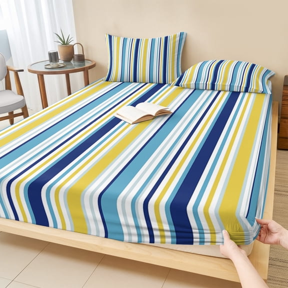 Twin Sze Fitted Sheet Set - Blue Yellow Striped 2 Piece Bedding Sets 16" Deep Pocket Fitted Sheet with 1 Pillowcase, Farmhouse Navy Blue Ombre Stripes Brushed Microfiber Hotel Luxury Bed Sheets