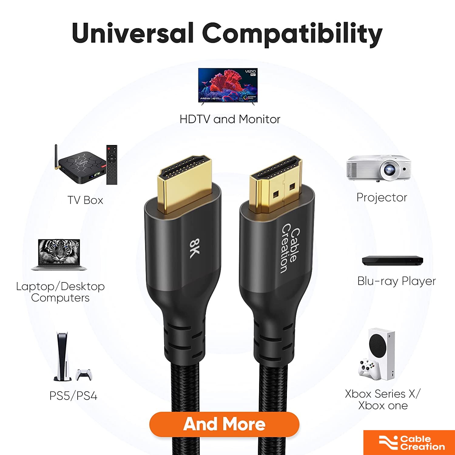 CableCreation 8K@60Hz Certified HDMI Cable 10FT, Braided HDMI 2.1 Cable  High Speed 48Gbps 4K@120 144Hz eARC HDR HDCP 2.2 2.3, Compatible with TV,  Nintendo Switch, Roku, Xbox, PS5, PS4, HDTV，Steam Deck 