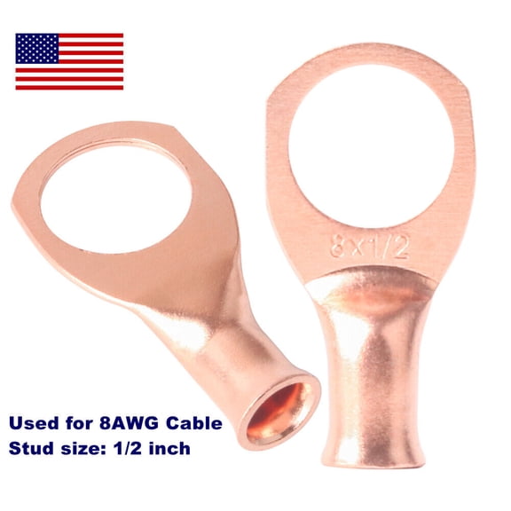 10pcs Gauge 8 AWG 1/2" Copper Ring Terminals Battery Cable Lugs Wire Connectors