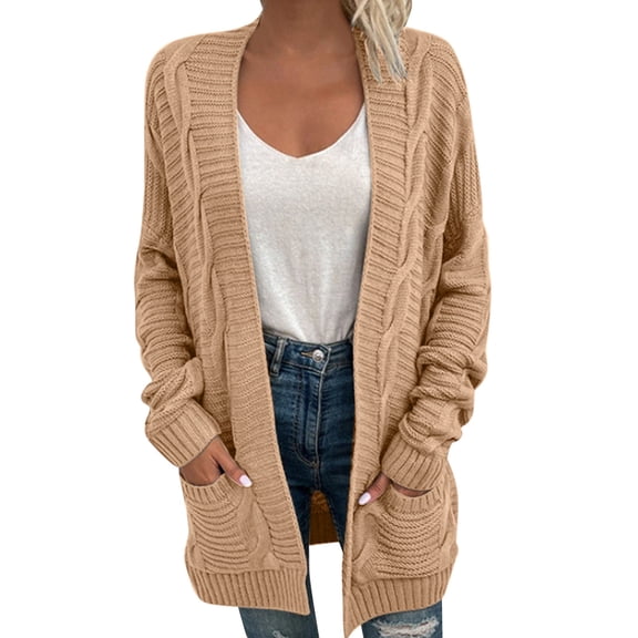 Long Cable Knitted Sweater Fashion Loose Knitwear Open Front Warm Pullover Autumn Women Coat Pockets Round Neck Outwear Solid Color Cardigan