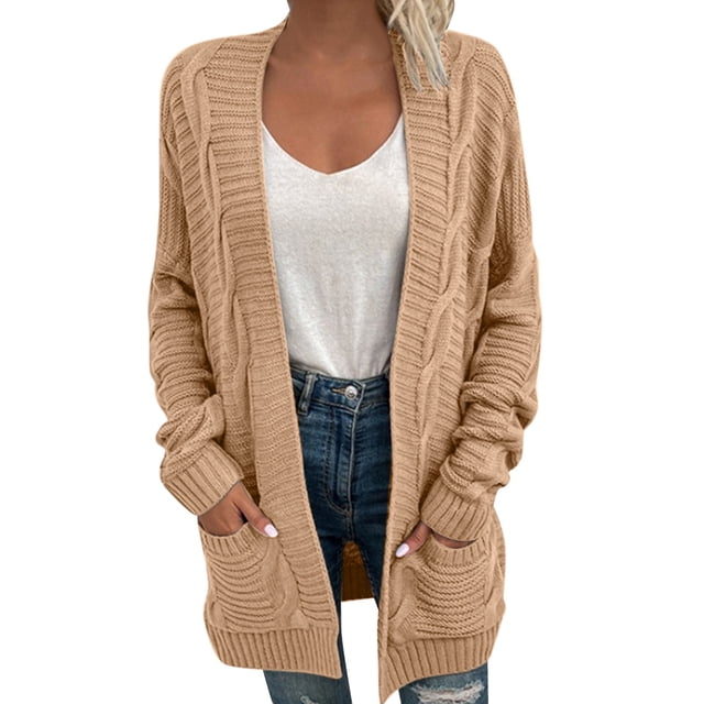 Manteau d'Hiver Automne pour Femmes Cardigan Tricoté Mode Mi-Longueur Manteau Extérieur Solide Chaud Trench Col Rond Tricoté Ample Ouvert devant Manteau