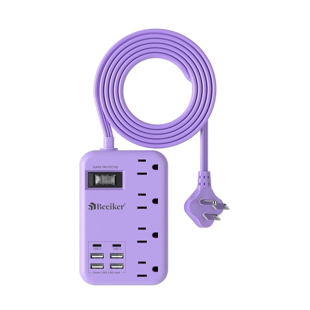 Power Strip Beeiker 6 USB (2 USB C) con 4 salidas, cable de 5 pies, color morado
