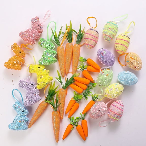 24Pcs Easter Foam Hanging Ornaments Set, 6 Bunny 6 Carrot 12 Eggs Easter Tree Decorations & Basket Stuffers