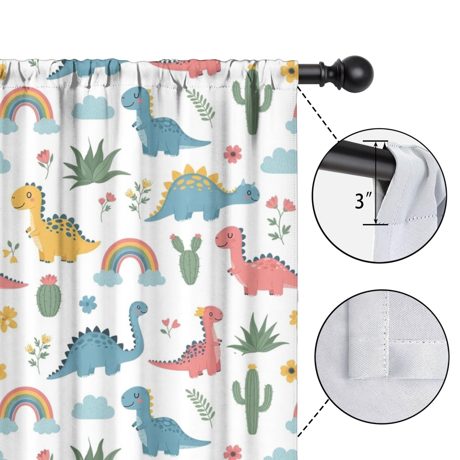Blackout Kids Curtains,White Dinosaurs Rainbows Plants Pattern Childrens Insulated Curtains Set Of 2,Bedroom Essentials,Toddler Room Decor 42"x54"