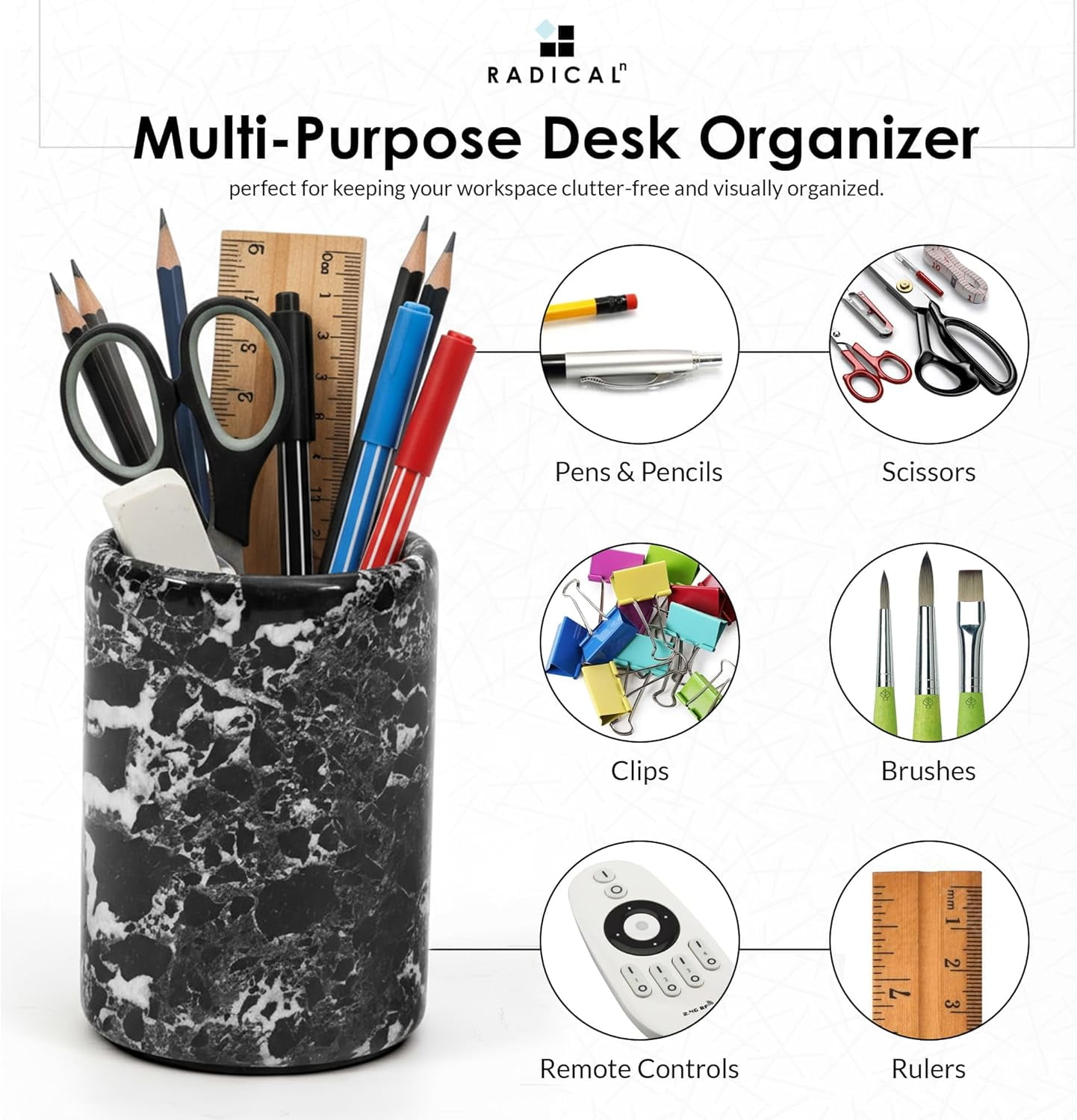 Radicaln Black Marble Stationary Holder 4" – Pencil Stand for Desk, Makeup Brush Holder, Toothbrush Organizer, Office Supplies Caddy, Minimalist Décor