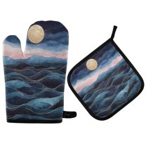 Yayeee Oven Mitts and Pot Holder Set of 2 Heat Resistant Kitchen Gloves Baking Hot Pad, Ocean Waves