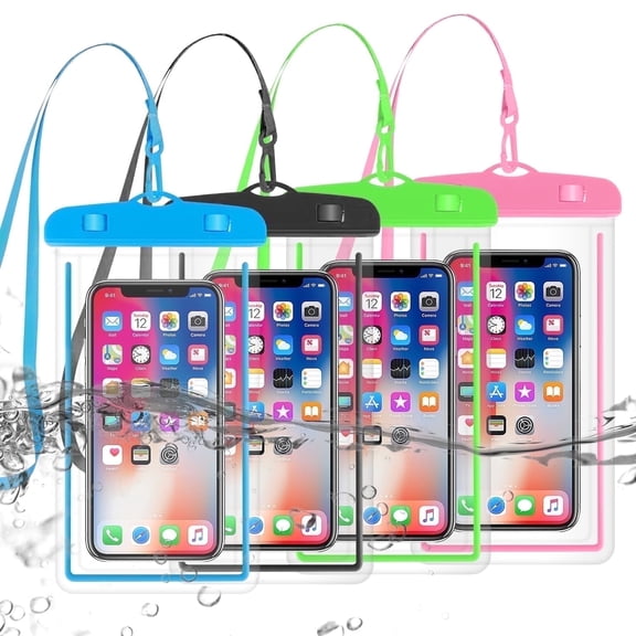 OAZOUF 4 Pack IPX8 PVC Waterproof Phone Pouch Bag with Fluorescent Detachable Lanyard for iPhone Android