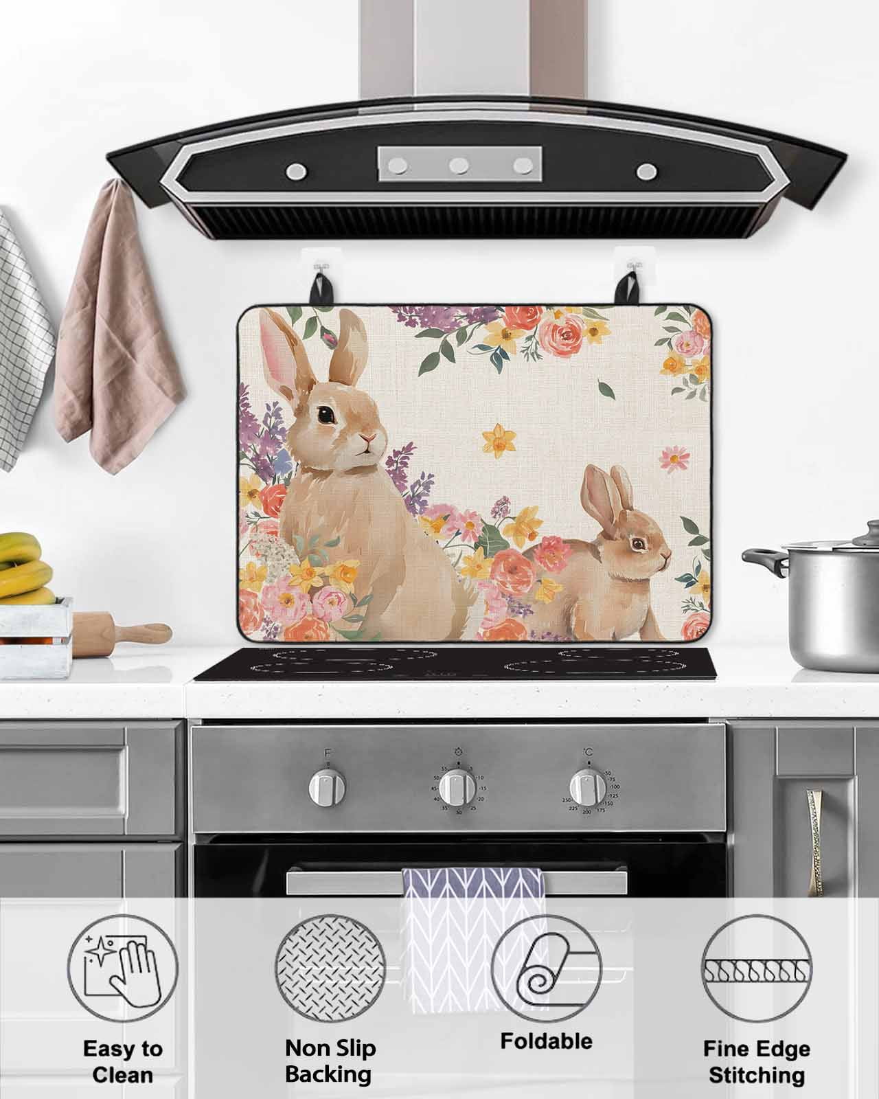 Large Induction Cooktop Protector Mat Easter Stove Top Covers for Electric Stove, Spring Watercolor Bunny Flower Leaf Plant Decorative Stove Burner Cover Mats, Glass Top Stove Cover