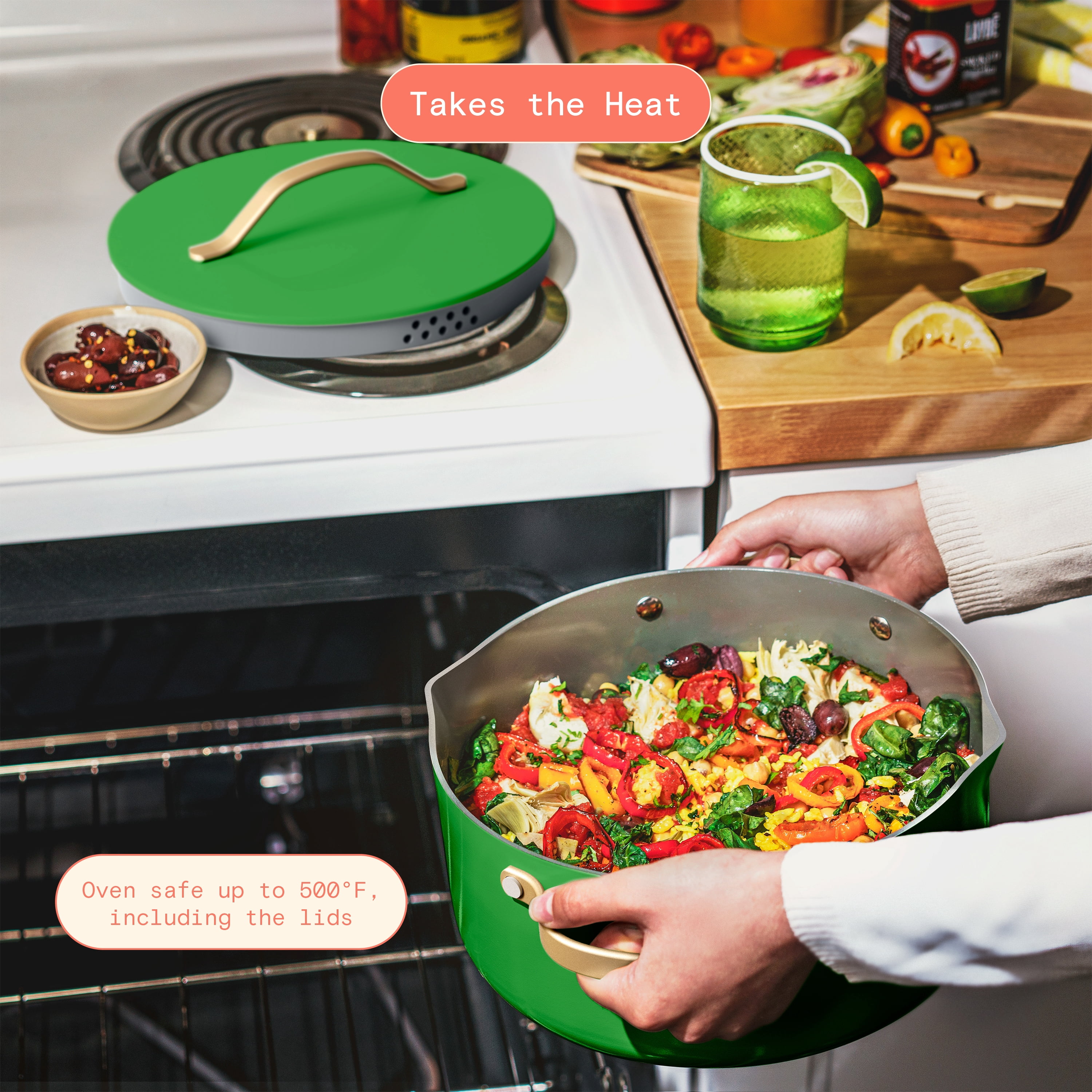 Beautiful 12pc Ceramic Non-Stick Cookware Set, Pots and Pans with Strainer Lids, Kelly Green by Drew Barrymore