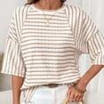 thumbnail image 4 of Oiangi Womens 3/4 Sleeve Striped T-shirts Summer Crew Neck Color Block Tees Pullover Beige L, 4 of 9