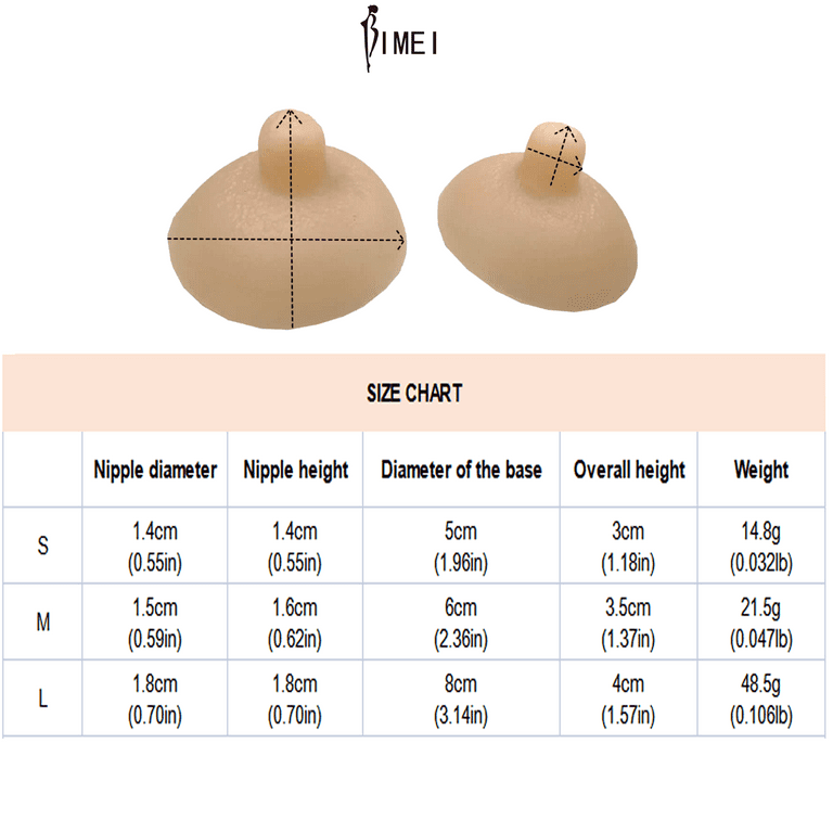 BIMEI Attachable Silicone Prosthetic Nipples Pre-Adhesive Reusable Washable Nipple  Covers for Breast Forms ,Classic，Nude,1 pair,L 