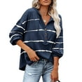 thumbnail image 3 of Blusa Manga Larga Cuello En V Patrón De Rayas Botón Cordón Con Capucha Tops Casuales Para Mujer, 3 of 6
