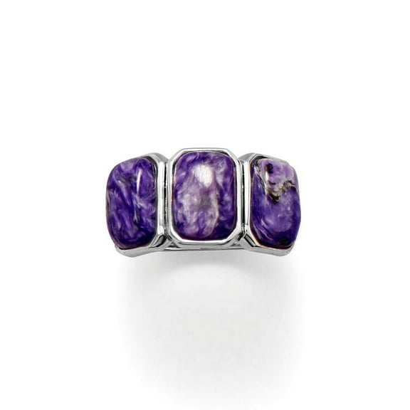 925 Sterling Silver Charoite Ring Three Rectangle Stones 10mm X 7mm Band Graduates From 7mm-3mm Ring for Women and Men