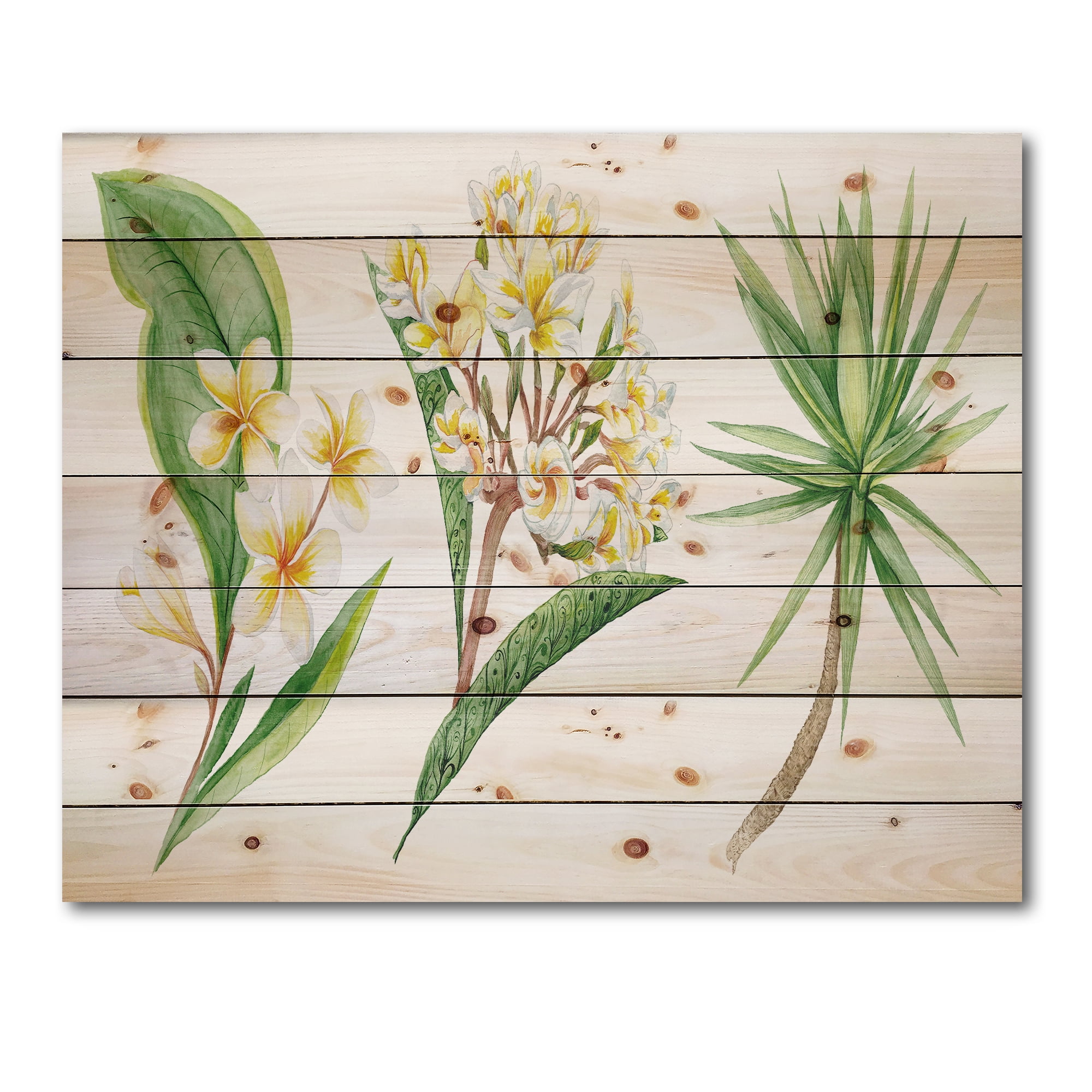 Designart 'Yellow Flowers and Tropical Foliage XII' Traditional Print on Natural Pine Wood
