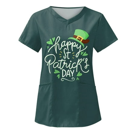

Women Scrub Tops St. Patrick s Day Printed V-Neck Nursing Working Uniform Workwear Tops with Pockets Holiday T-shirt