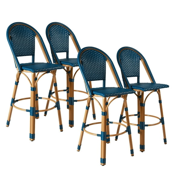 YOEEMZ 30-Inch French Rattan Bar Stools with Back, High Top Outdoor Patio Bar Stools Set of 4, All-Weather Mesh, Aluminum Frame & Bamboo Finish, Royal Blue
