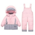 thumbnail image 3 of Jinhomg Baby Kids Warm Outfits 2 Piece Windproof Snowsuit Thermal Cozy Long Sleeve Hooded Puffer Coat with Snowboard Overalls Set Toddler Daily Wear Winter Saving Pink 18 Months, 3 of 6