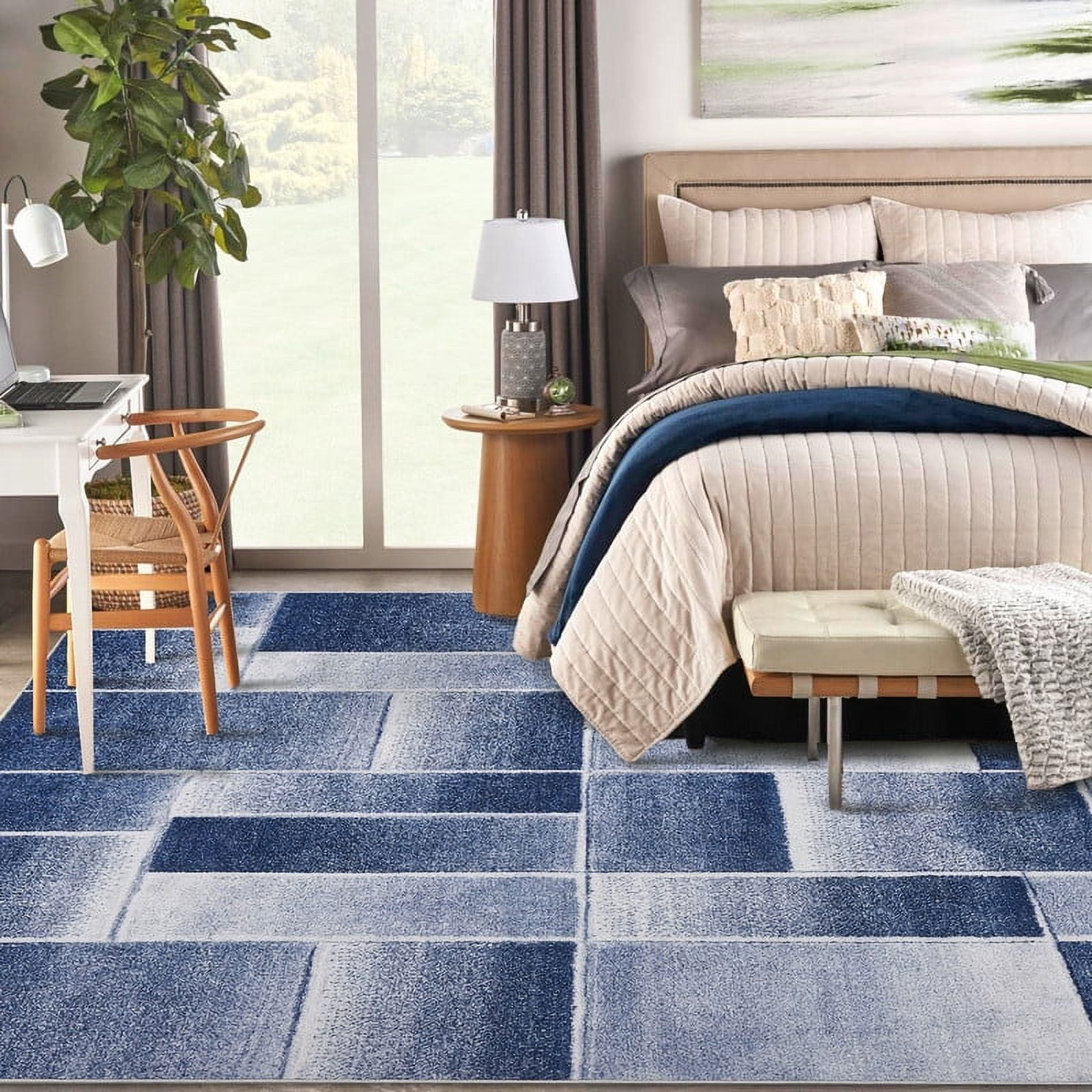 Modern Geometric Patchwork Area Rug 9x12 Large Rugs for Living Room, Soft Throw Carpet Floor Decor for Entryway Dining Room Office Nursery Blue
