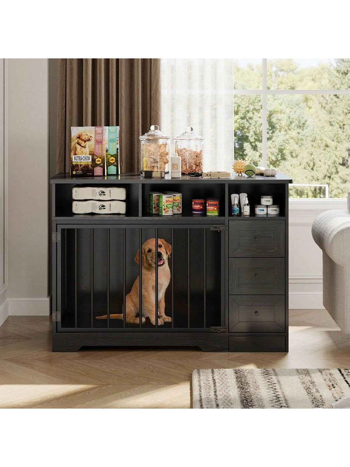 Studyset 48 Inch Dog Crate Furniture,Wooden Dog Kennel Indoor with Dog Bowl & Storage Drawers,Modern Pet Cage Side End Table,Heavy Duty Pet Crate Table for Medium Small Dogs for Living Room,Entryway