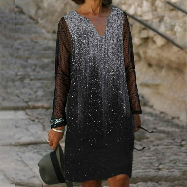 EQWLJWE Dress For Women s Sequin Casual Long Mesh Gauze Sleeve