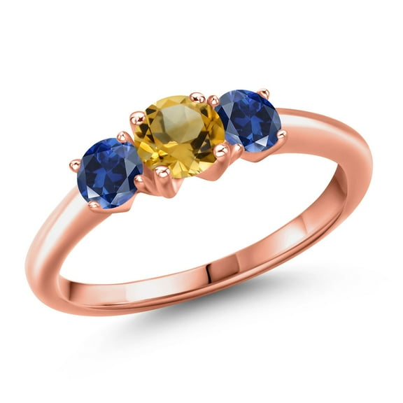 Gem Stone King 18K Rose Gold Plated Silver Yellow Citrine and Blue Created Sapphire Engagement Ring for Women | 0.95 Cttw | Round 5MM | Gemstone November Birthstone | Size 9