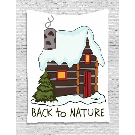 Cozy Christmas Living Room Log Cabin Tapestry, Illustration of Winter Theme Cozy Snowy Wooden Cabin Holiday in Christmas, Wall Hanging for Bedroom Living Room Dorm Decor, White Multicolor, by Ambesonne ()