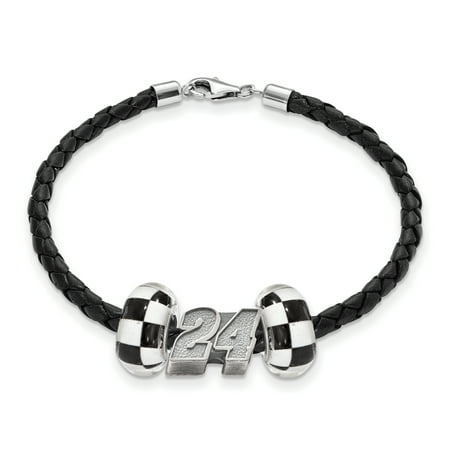 Sterling Silver Antiqued LogoArt NASCAR #24 William Byron Glass Leather Bracelet