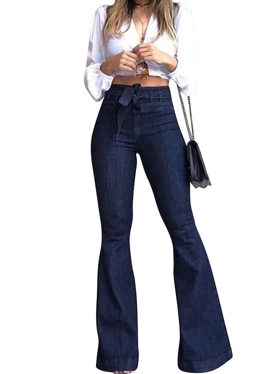 Womens High Rise Denim Pants Flared Bell Bottom Jeans With Belt