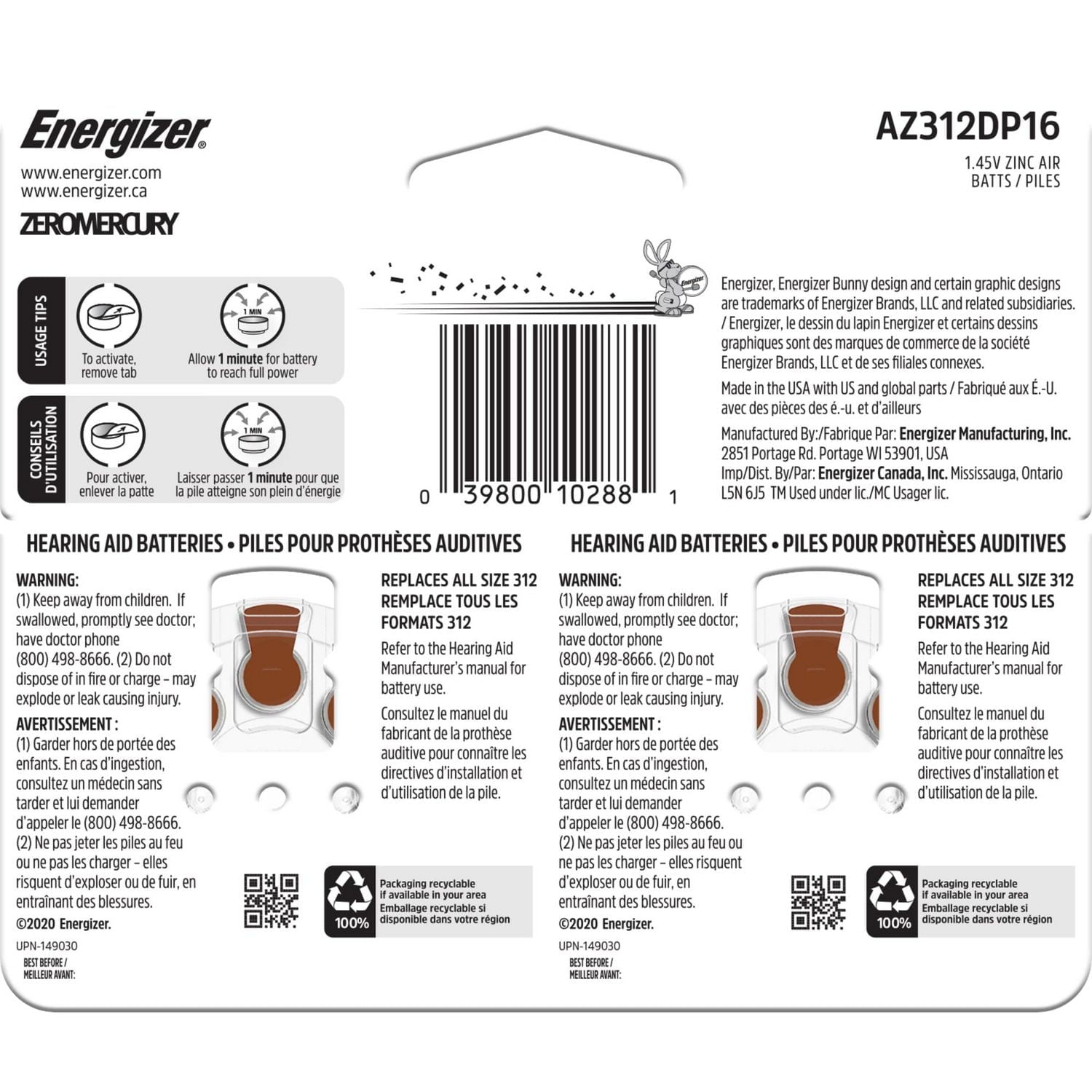 Energizer Hearing Aid Batteries Size 312, Brown Tab, 16 Pack