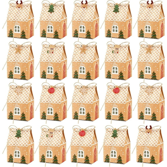 ZMLM Small Christmas Treat Boxes 20Pcs Christmas Gingerbread Boxes with 24 Ornaments Tags, Mini Gift Boxes Candy Cookie Kraft Wrapping Paper Gift Wrap Bags Party Favors